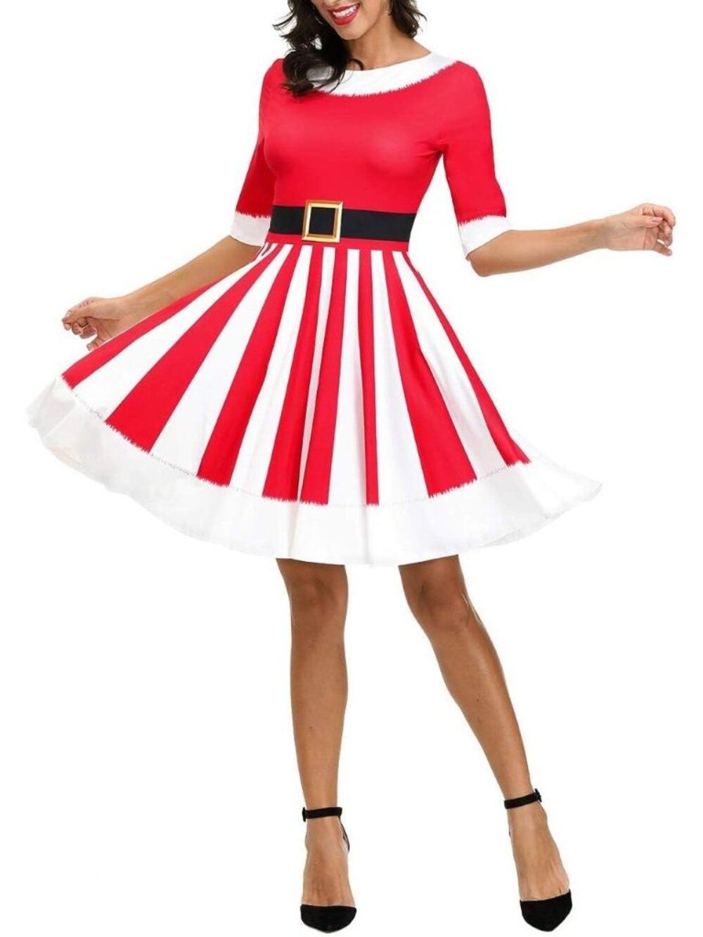 Women's Santa Comfortable Print Holiday Xmas Belt is print Ugly Christmas Dress